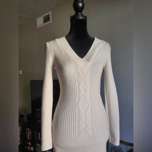 Elegant Cream V-Neck Sweater Dress